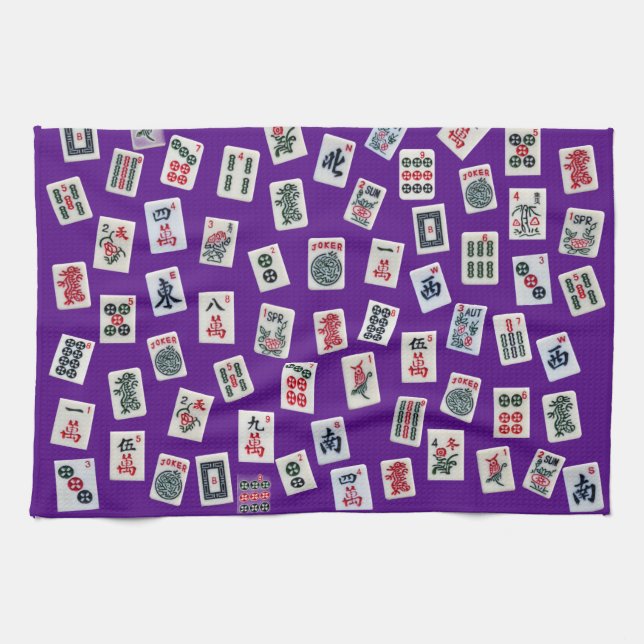 MahJong tiles (symbols) on purple Tea Towel (Horizontal)
