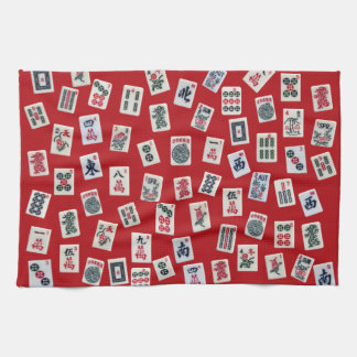 MahJong tiles (symbols) on red Tea Towel