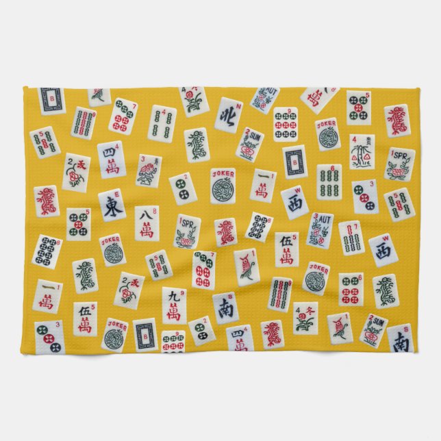 MahJong tiles (symbols) on yellow Tea Towel (Horizontal)