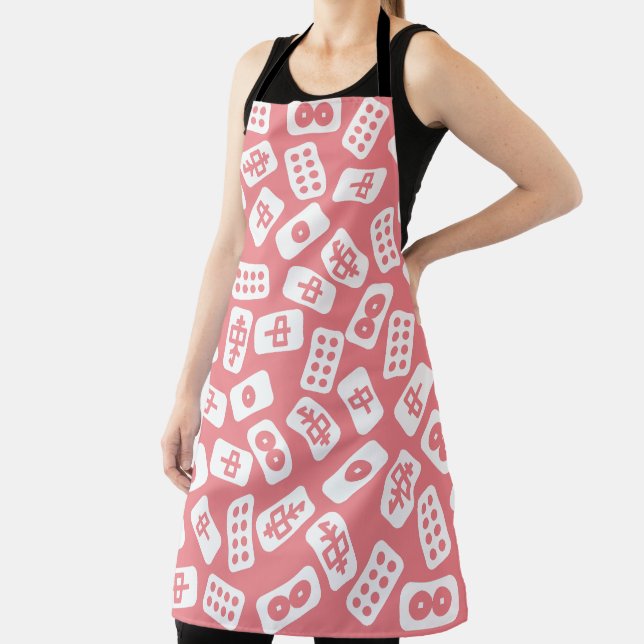 Mahjong tiles white on pink  apron (Insitu)