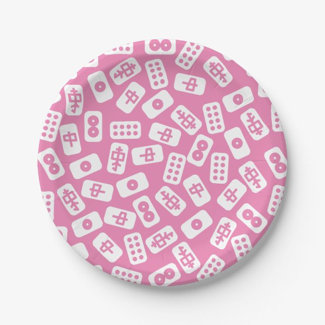 Mahjong tiles white on pink paper plate (Front)