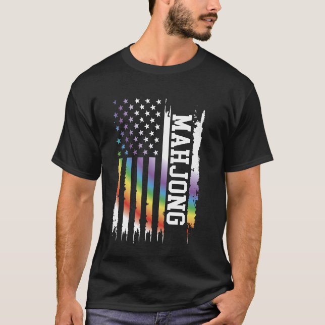 Mahjong United States Distressed Rainbow w US Flag T-Shirt (Front)