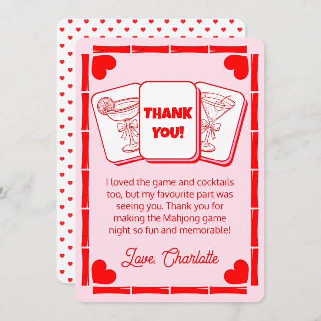Mahjong Valentine's Pink Thank You Card (Front/Back)