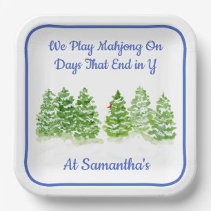 MAHJONG Watercolor Winter Trees Blue PERSONALIZE Paper Plate