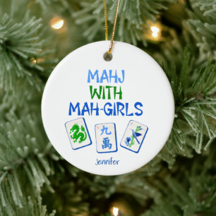 Mahjong With Mah Girls Watercolor Tiles Custom Ceramic Tree Decoration