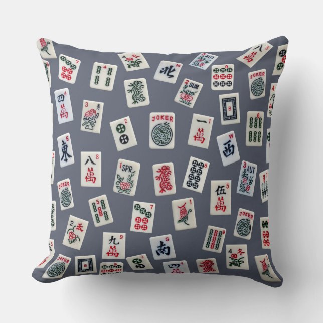 MahJongg tiles design on dark blue Cushion (Front)