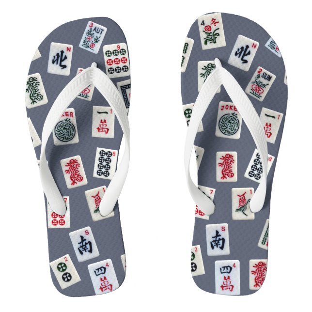 MahJongg tiles design on dark blue Flip Flops (Footbed)