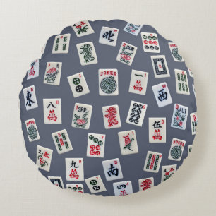 MahJongg tiles design on dark blue Round Cushion