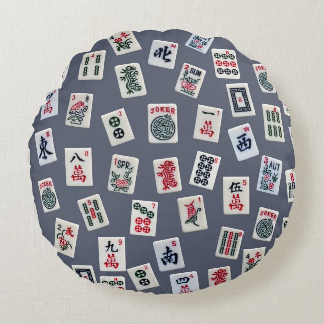 MahJongg tiles design on dark blue Round Cushion (Front)