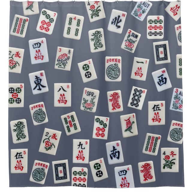 MahJongg tiles design on dark blue Shower Curtain (Front)