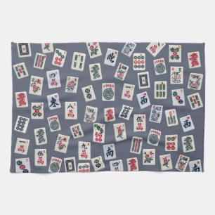 MahJongg tiles design on dark grey Tea Towel