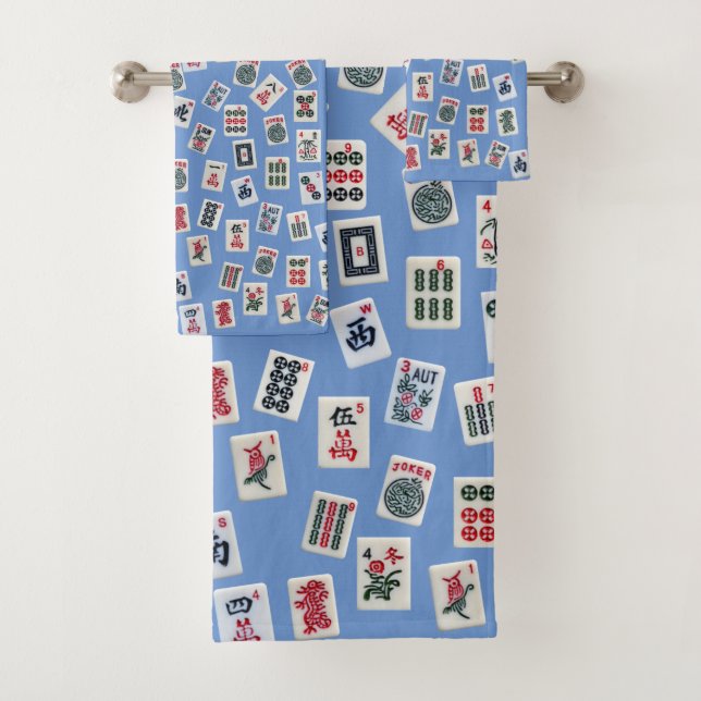 MahJongg tiles (symbols) on blue Bath Towel Set (Insitu)