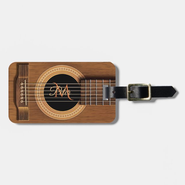 Mahogany Acoustic Guitar Personalised Luggage Tag (Front Horizontal)