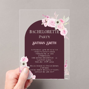 Mahogany Floral Arch Summer Bachelorette Party Acrylic Invitations