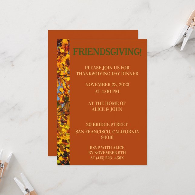 Mahogany Leaves Thanksgiving Friends Giving Invitation (Front/Back In Situ)