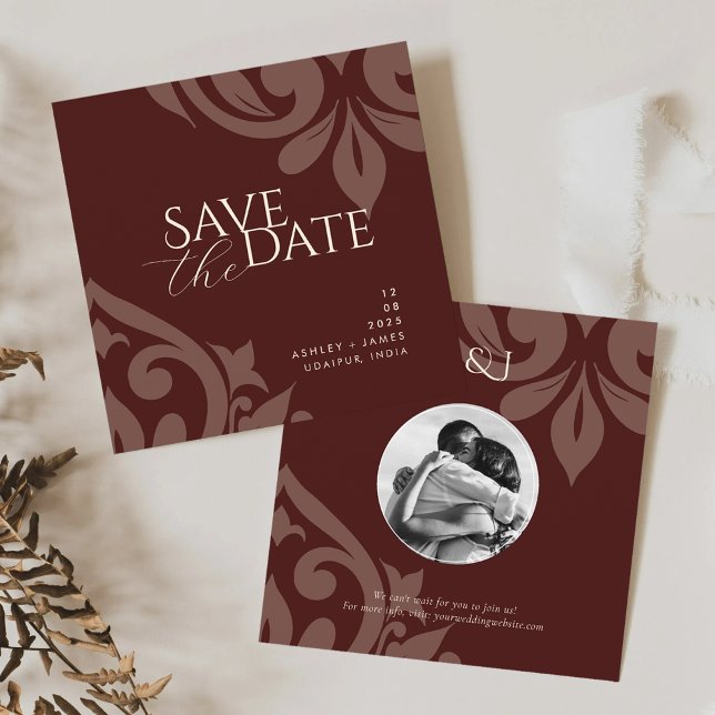 Mahogany Red Damask Elegant Classic Photo Wedding Save The Date (Creator Uploaded)
