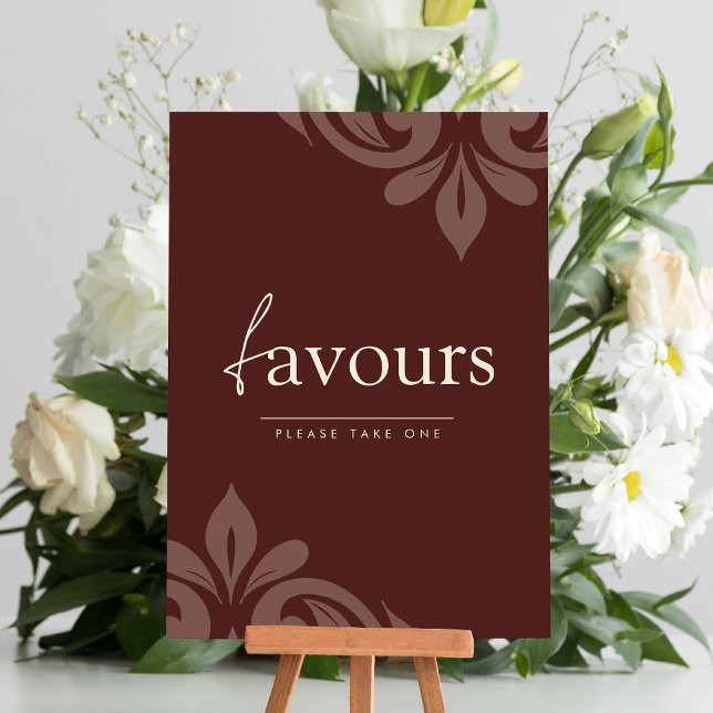 Mahogany Red Minimal Damask Script Favour Sign (Creator Uploaded)