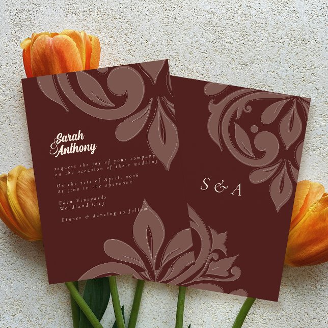 Mahogany Red Tasteful Elegant Damask Wedding Invitation (Creator Uploaded)