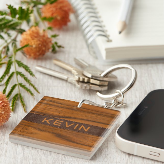 Mahogany Wood And Leather Texture Monogram Key Ring (Front Right)