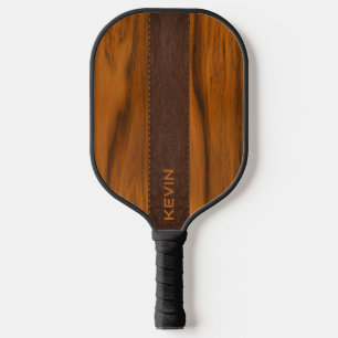 Mahogany Wood And Leather Texture Monogram Pickleball Paddle