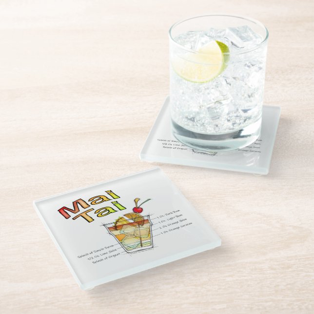 MAI TAI COCKTAIL RECIPE ART GLASS COASTER (Angled)
