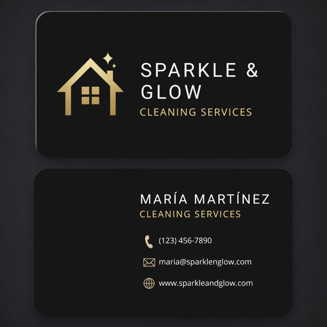 Maid and Cleaning Black Gold Professional Business Card (Creator Uploaded)