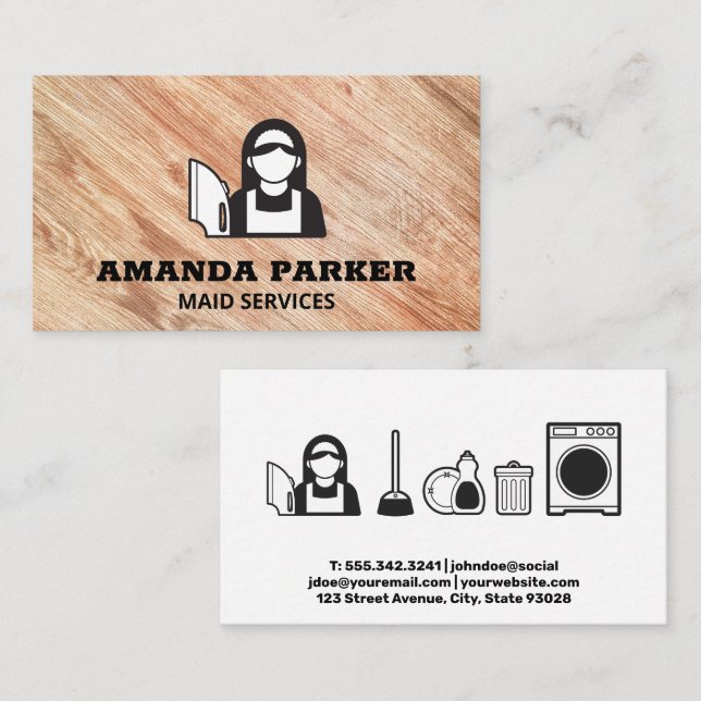 Maid and Cleaning Products Icons | Wood Business Card (Front/Back)