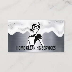 Maid Cleaner Soap Suds Metallic Background Business Card