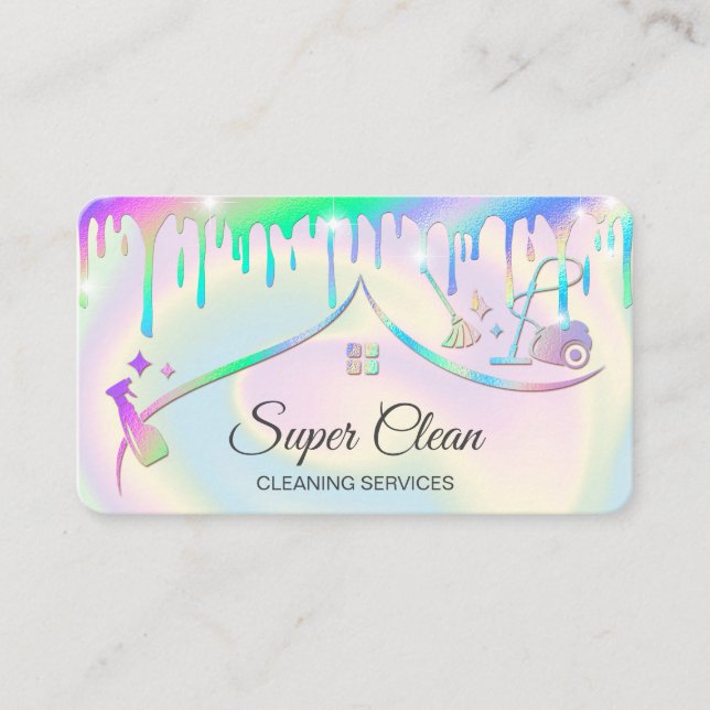 Maid Cleaning House Holographic Sparkling Business Card (Front)