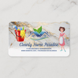 Maid Cleaning House Logo and Cleaner Supplies Business Card