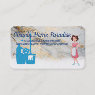 Maid Cleaning House Logo Marble Background Business Card