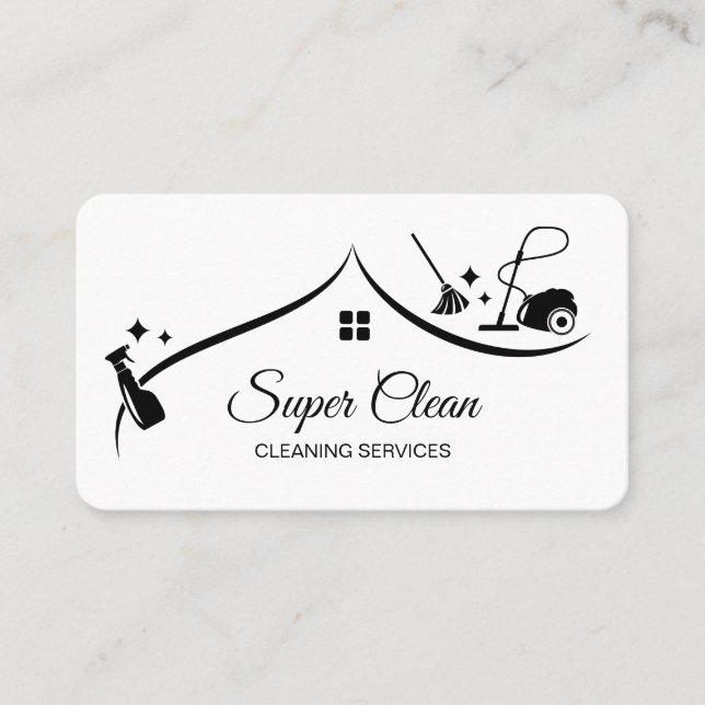 Maid Cleaning House Sparkling Black and White Business Card (Front)