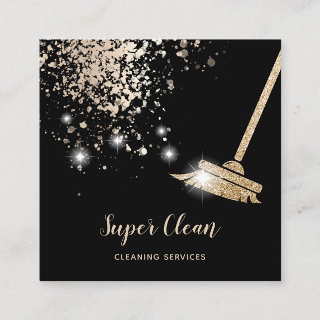 Maid Cleaning House Sparkling Dripping Gold Square Business Card (Front)