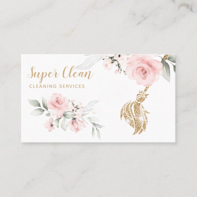 Maid Cleaning House Sparkling Gold Floral Business Business Card (Front)