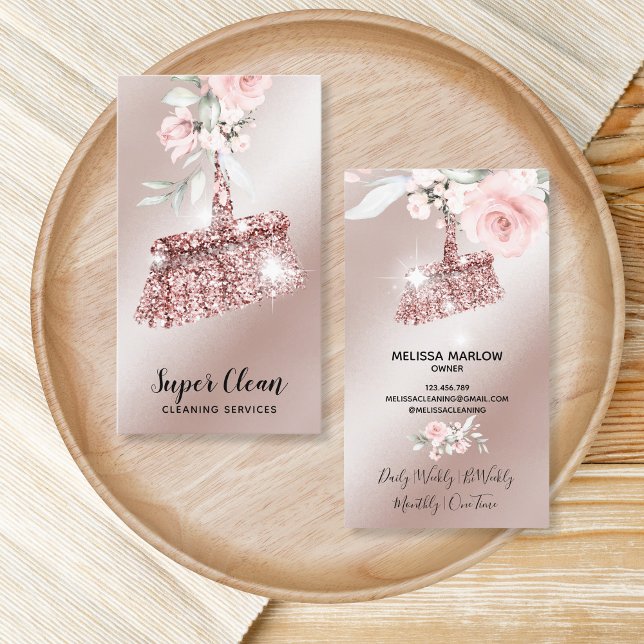 Maid Cleaning House Sparkling Gold Floral Business Business Card (rose gold glitter mop with florals)