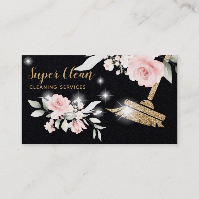 Maid Cleaning House Sparkling Gold Floral Business Business Card (Front)