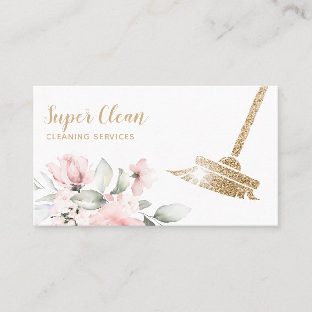 Maid Cleaning House Sparkling Gold Floral Business Card (Front)
