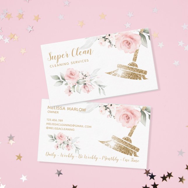 Maid Cleaning House Sparkling Gold Floral Business Card (Creator Uploaded)