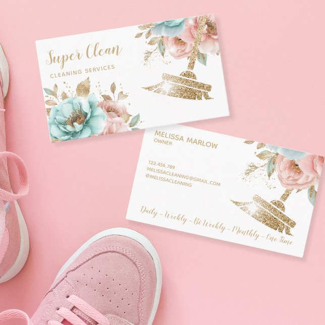 Maid Cleaning House Sparkling Gold Floral Business Card (Creator Uploaded)