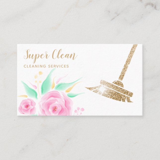 Maid Cleaning House Sparkling Gold Floral Business Card (Front)