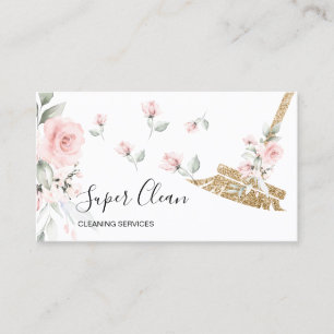 Maid Cleaning House Sparkling gold floral Business Card