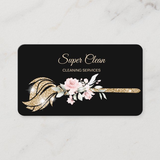 Maid Cleaning House Sparkling  gold floral Business Card (Front)