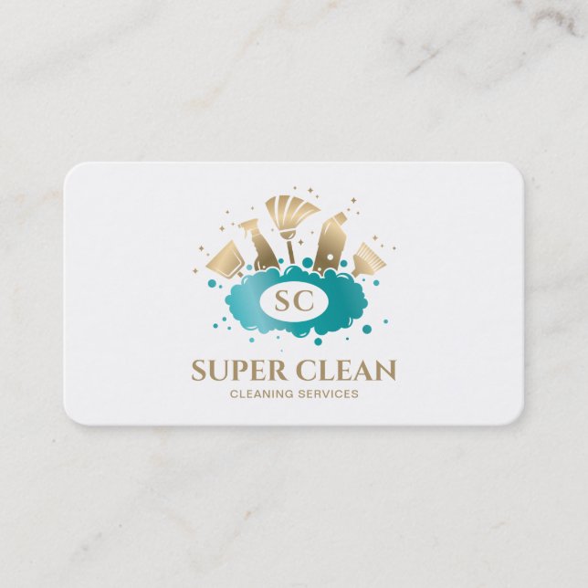 Maid Cleaning House Sparkling  Gold Monogram Busin Business Card (Front)