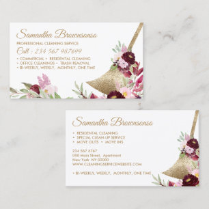 Maid Cleaning House Sparkling Gold Pink Floral Business Card