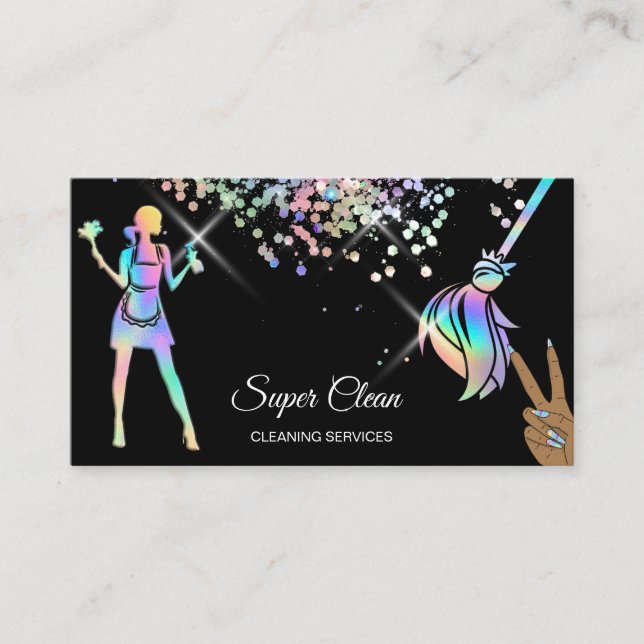 Maid Cleaning House Sparkling Holograph Business C Business Card (Front)