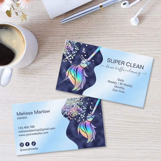 Maid Cleaning House Sparkling Holograph Business C Business Card (Maid Cleaning House Sparkling Business Card with holographic broom logo, glitter dust)