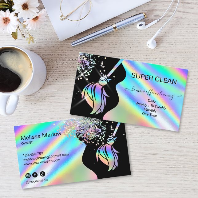 Maid Cleaning House Sparkling Holograph Business C Business Card (Maid Cleaning House Sparkling Business Card with holographic broom logo, glitter and water splash)
