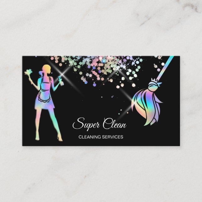 Maid Cleaning House Sparkling Holograph Business C Business Card (Front)