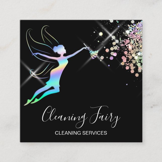 Maid Cleaning House Sparkling Holograph Business C Square Business Card (Front)