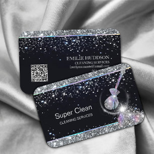 Maid Cleaning House Sparkling Holograph QR code  Business Card